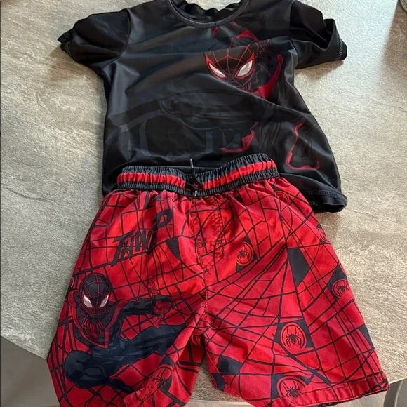 Miles Morales Spider-Man Black and Red Kids' Swim Shirt and Trunks - Picture 1 of 1